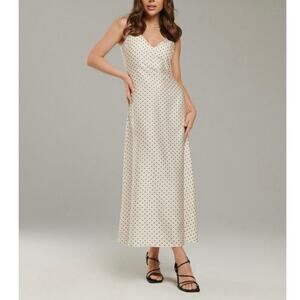 Sinsay Satin Polka Dot Maxi Dress Sleeveless V Neck Elegant Retro White Medium
